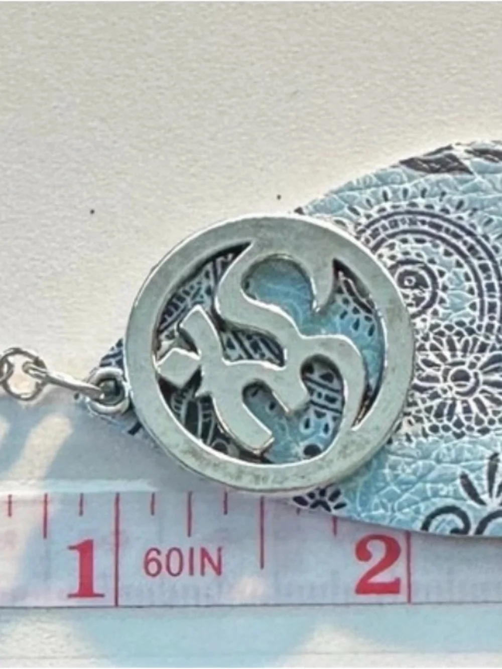 Silver serenity Om dangle Teardrop Earrings with Light Blue Pattern - Picture 3 of 4